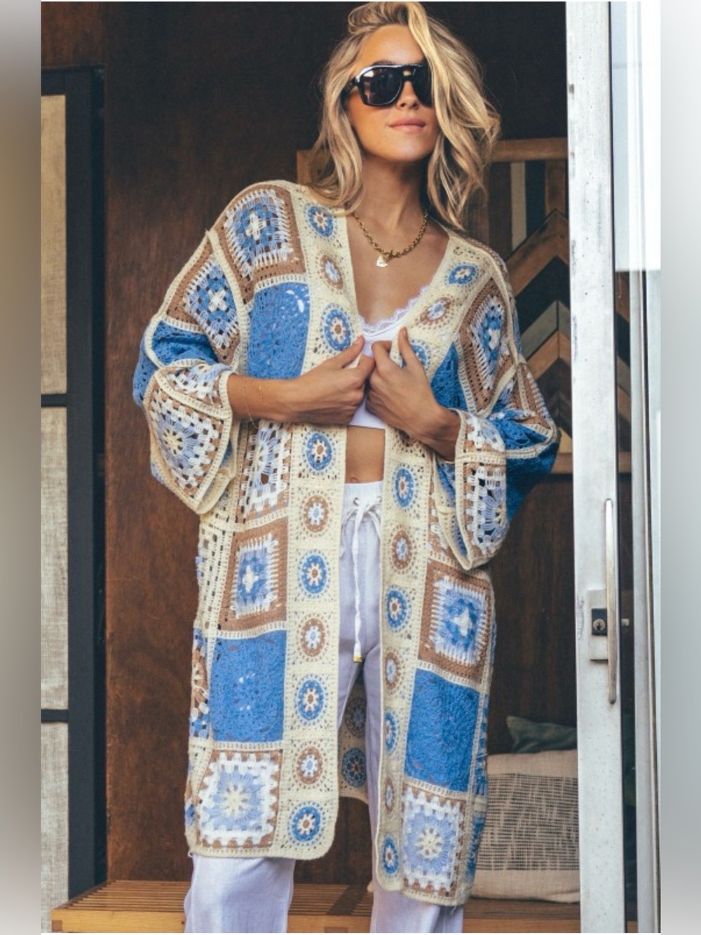C88. PATCHWORK CROCHET LONG CARDIGAN